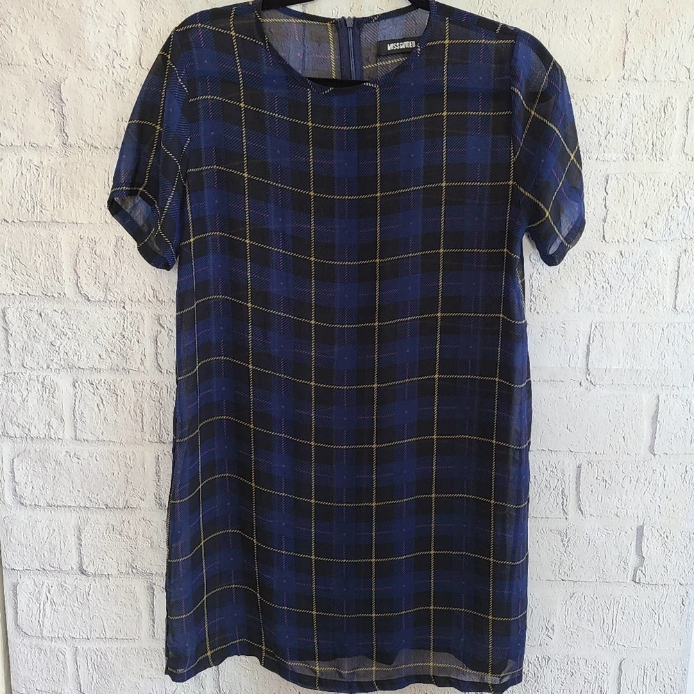 Missguided Blue And Yellow Plaid Sheer Mini Shirt Dress Size‎ 10